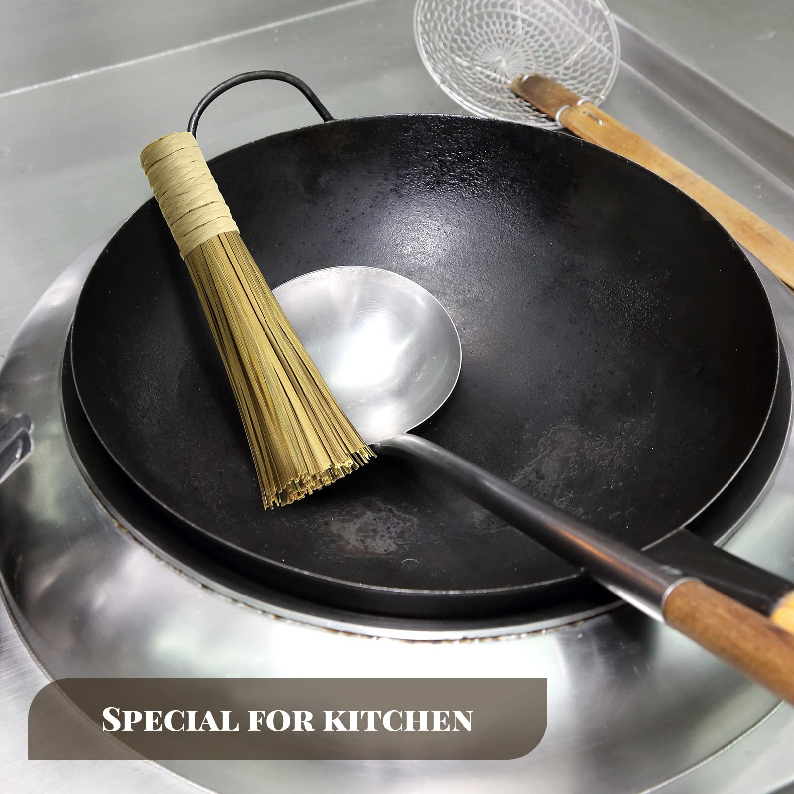 12 Inch Bamboo Wok Brush Set - 4 Pack Natural Bamboo Scrub Brushes for Pots, Pans, Skillets & Grill Cleaning - Heavy Duty Kitchen Scraper & Dish Cleaning Brush for Nonstick Cookware - Perfect for Camping, BBQ & Home Cooking