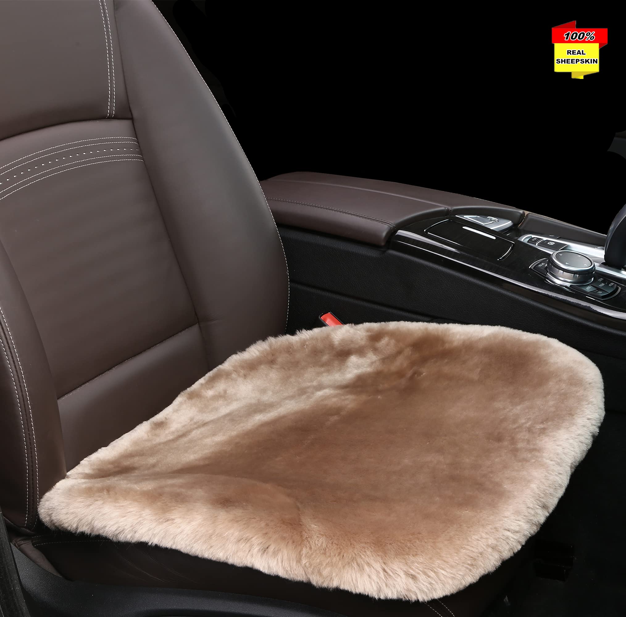 Premium Natural Sheepskin Seat Cushion Cover - 100% Genuine Wholehide Short Wool Car Seat Pad, Universal Fit for Cars, Trucks, SUVs & Vans (Light Tan) - Luxury Comfort for Long Drives & Cold Weather Protection