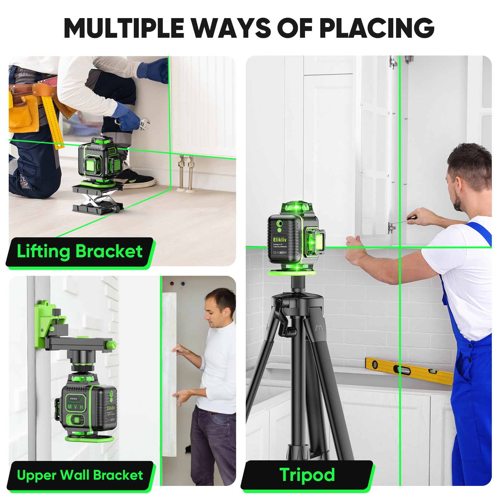 Elikliv 4D 360° Self-Leveling Green Laser Level with Tripod - 165Ft Range, 4x360° Cross Line Laser for Construction, Picture Hanging, Tile Flooring & Home Renovation | Perfect for DIY Projects, Wall Alignment, and Professional Building Work