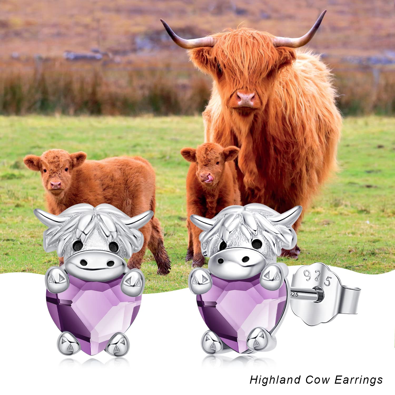 925 Sterling Silver Highland Cow Stud Earrings with Birthstone & Crystal - Cute Scottish Cow Jewelry for Women, Girls, Daughters | Perfect Birthday Gift, Christmas Present & Everyday Fashion Accessory