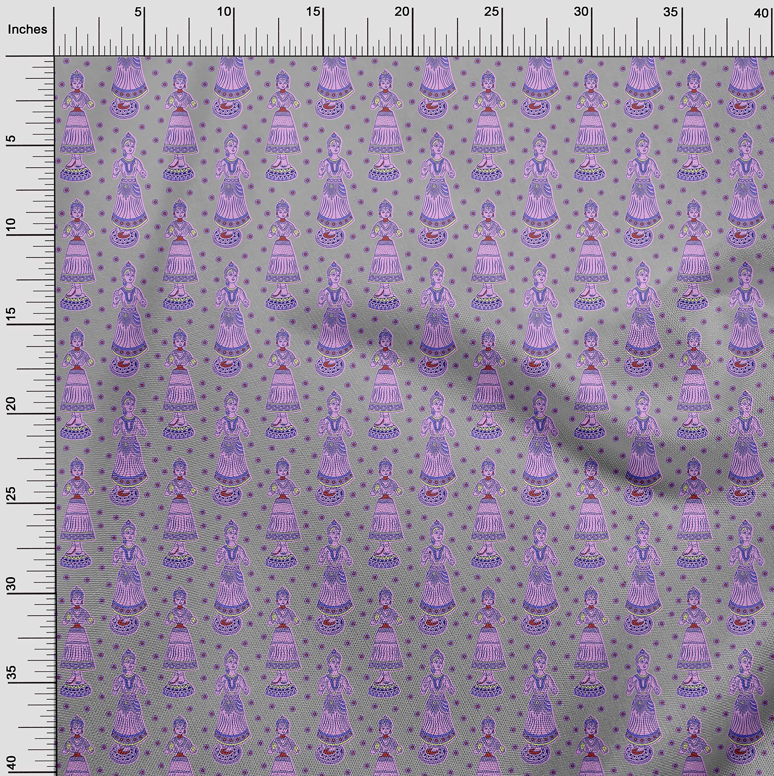 oneOone Georgette Viscose Gray Kalamkari Kathakali Printed Fabric - 42 Inch Wide by The Yard for DIY Clothing, Dresses, Scarves & Home Decor Sewing Projects