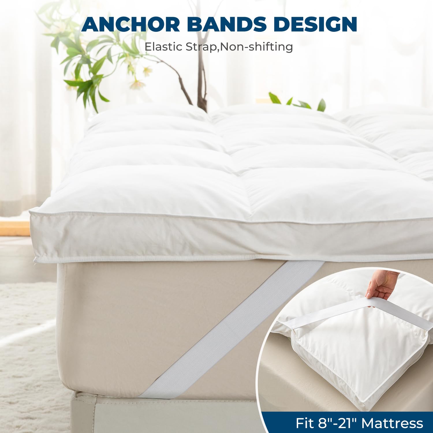 Premium Goose Down Feather Mattress Topper - Plush Soft & Fluffy Baffled Pillowtop with Secure Straps - All Season Comfort for Full Size Bed (54