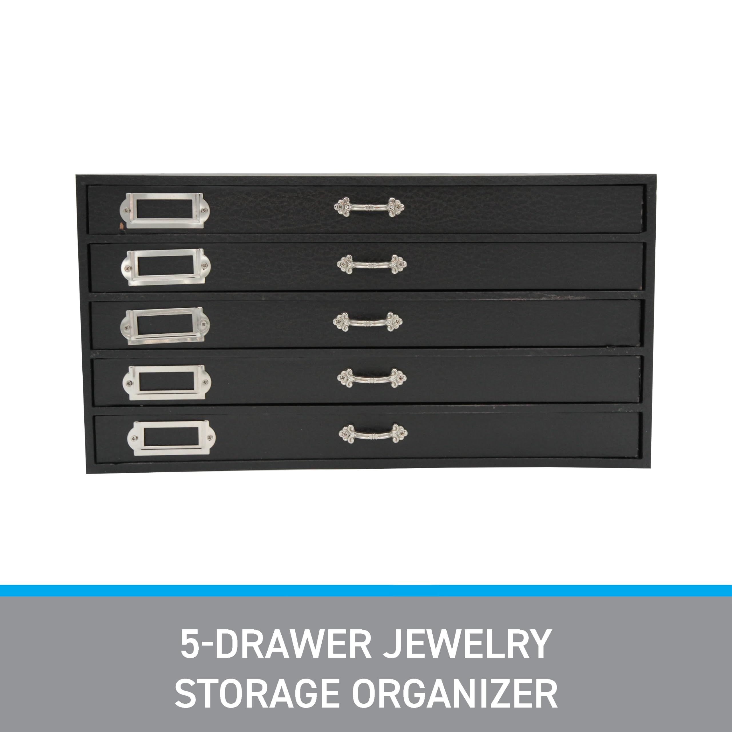 SSWBasics Jewelry Storage Organizer - 5-Drawer Jewelry Box with Black Faux Leather for Necklaces, Rings, Earrings - Perfect for Travel, Home Decor & Gift Giving