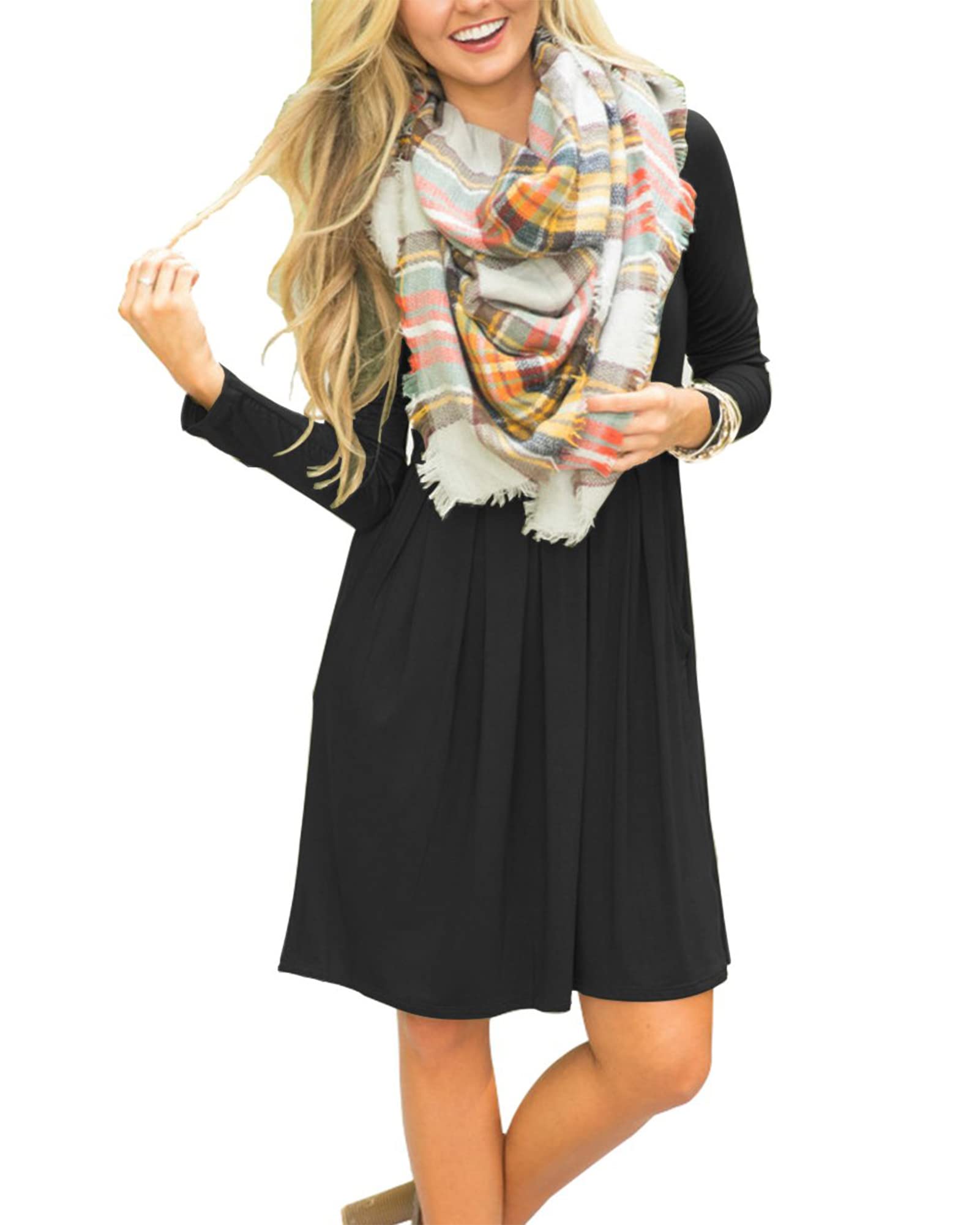 AUSELILY Women's Long Sleeve Pleated Swing Dress with Pockets - Knee Length Casual Loose Dress for Everyday Wear, Office & Date Night - 2025 New Fashion Trend