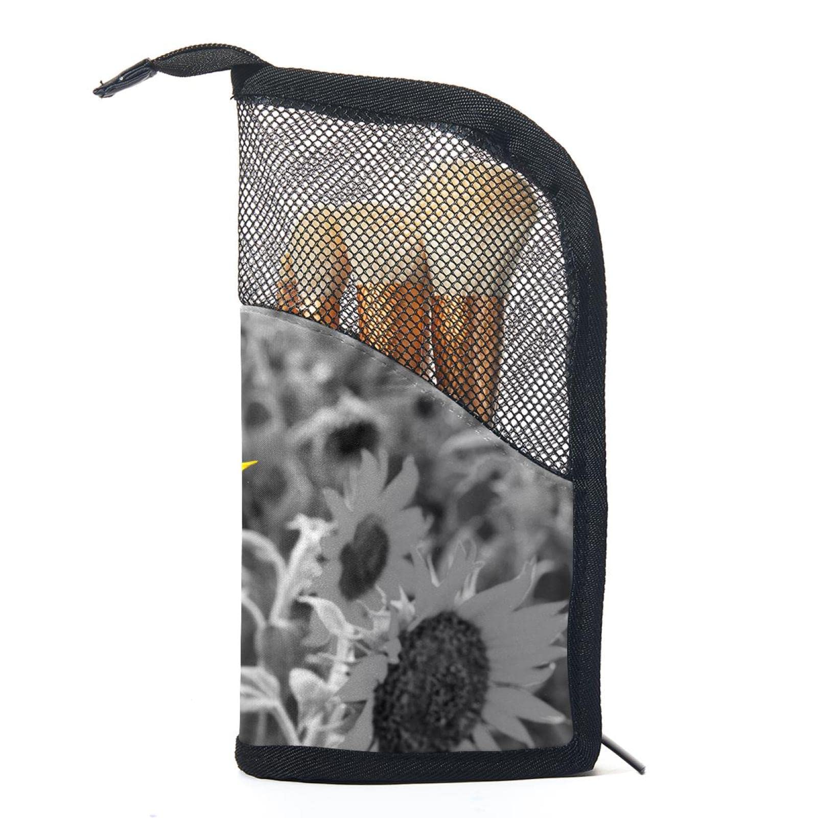 Premium 12-Piece Makeup Brush Organizer Bag with Black & White Sunflower Design - Portable Travel Cosmetic Brush Holder Case for Professional Makeup Artists & Beauty Enthusiasts - Perfect for Home, Travel & Salon Use