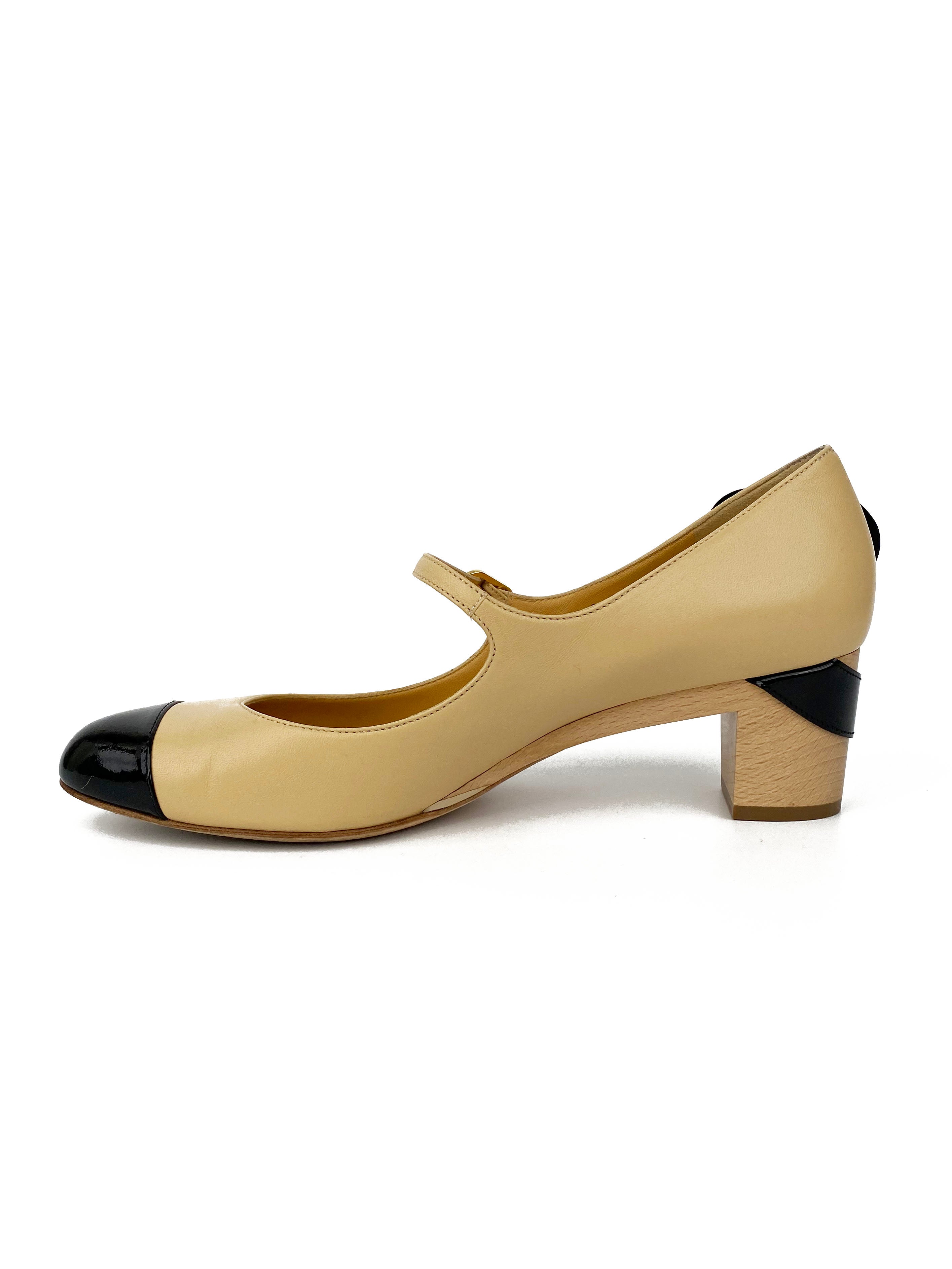 Chanel Nude & Black Leather Mary Jane Pumps with Camellia Flower Detail - Size 40 | Elegant Women's Dress Shoes for Weddings, Parties & Special Occasions