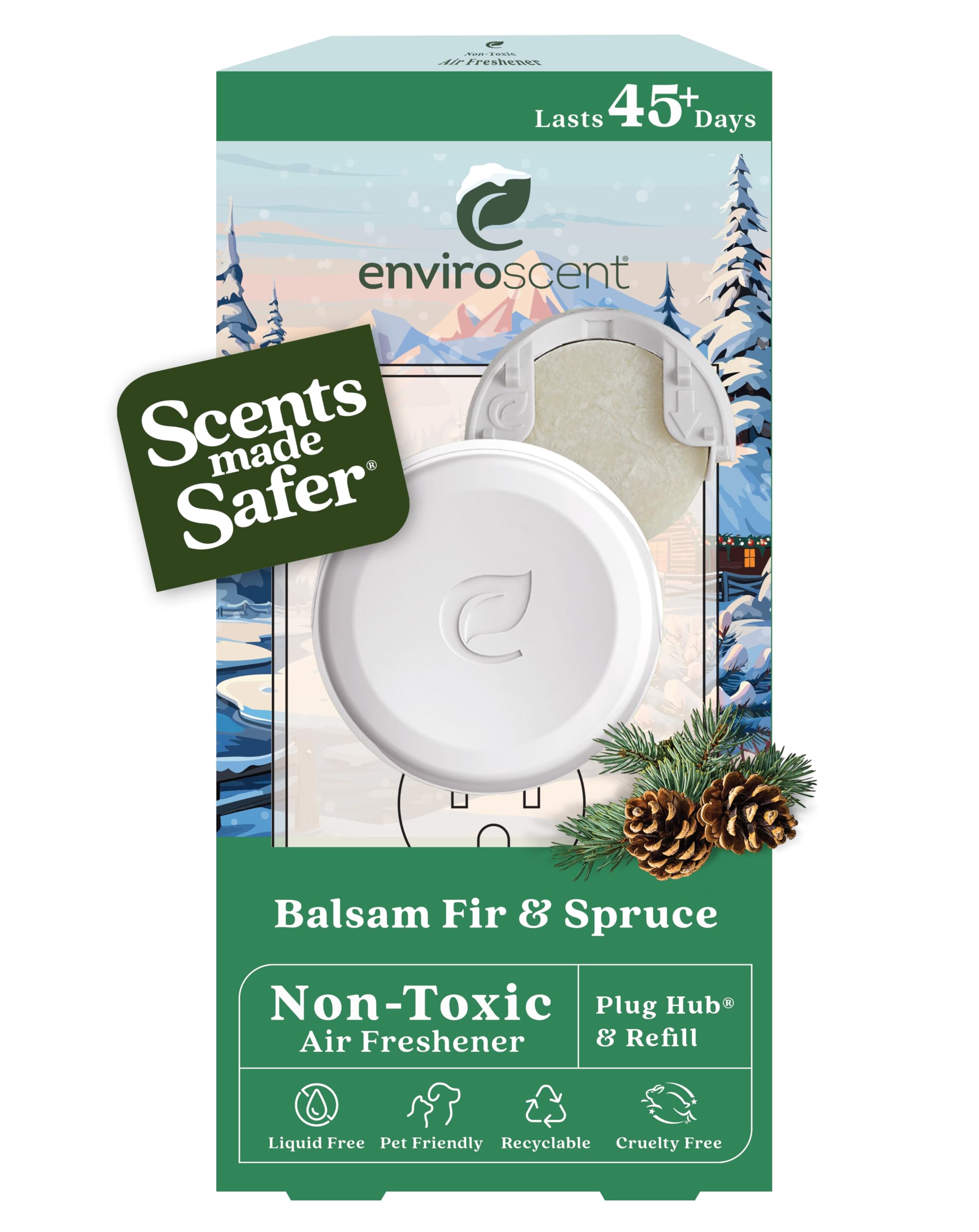 Enviroscent Non-Toxic Plug-In Air Freshener - Balsam Fir & Spruce Essential Oil Refillable Home Fragrance | Lasts 45+ Days | 1 Plug-In + 1 Scent Refill | Perfect for Living Room, Bedroom, Office & Bathroom