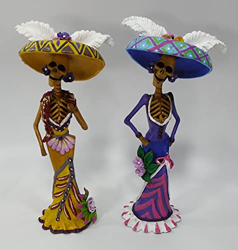 Set of 2 Handmade Mexican Day of the Dead Catrina Folk Art Figures - 10 Inch Fine Art Decor for Home, Office & Halloween Celebrations