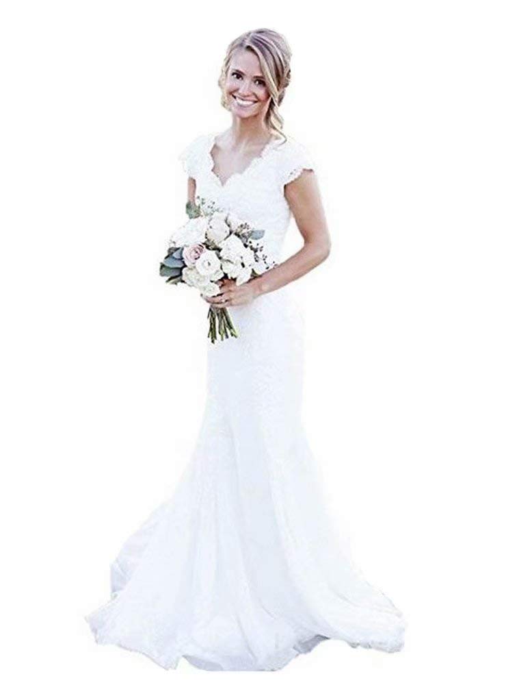 GECOUN Women's Lace Wedding Dress Long Sleeve Mermaid Bridal Gown White A-Line Gown for Bride - Perfect for Church Ceremony, Beach Wedding & Formal Reception