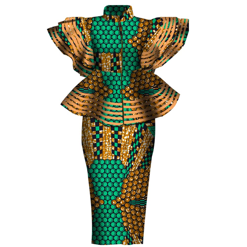 BAZINRICHE African Print Dashiki Dress for Women - Ankara Zipper Top & Skirt Set - Elegant Bazin Riche Outfit for Parties, Weddings & Cultural Events