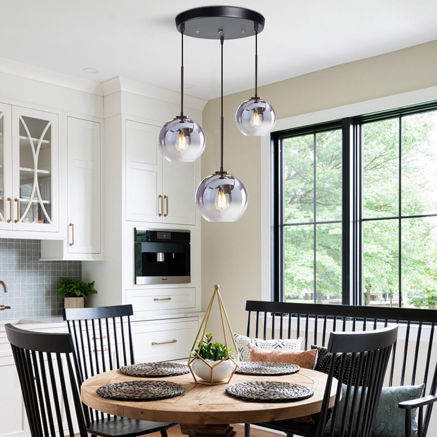 Modern 3-Light Hanging Chandelier - Silver Gradient Glass Globe Pendant Light with Adjustable Cord - Mid Century Ceiling Fixture for Kitchen Island, Dining Room, Bedroom & Living Room Lighting Decor