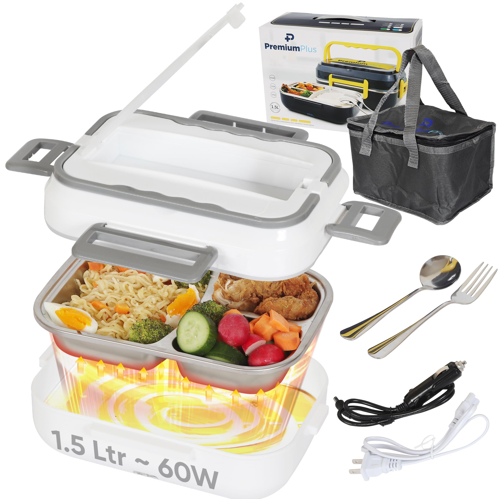 PremiumPlus Electric Lunch Box Food Warmer - Portable 1.5L Crockpot for Work, Car & Truck - 60W 12V/24V/110V Heater with Carrying Bag, Fork & Spoon - White - Perfect for Office Lunch, Commuting & Road Trips
