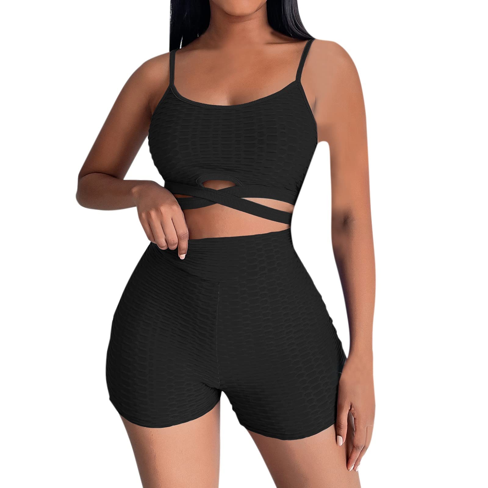 Exte216 Women's 2-Piece Workout Set - Criss Cross Strappy Yoga Crop Top & High Waisted Scrunch Shorts - Gym, Running, Pilates & Lounge Wear