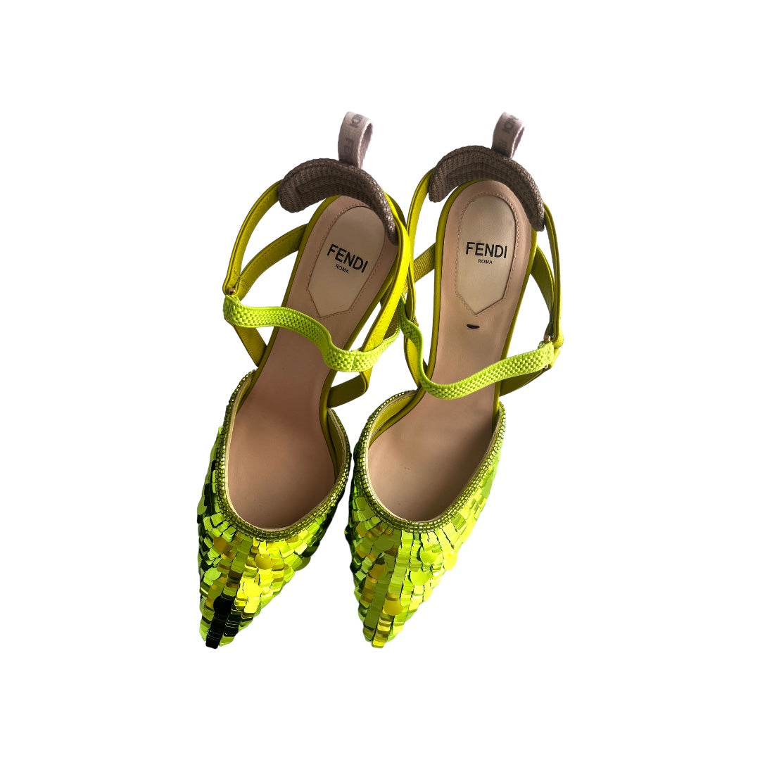 Fendi Women's Green Sequin High Heels Size 7 | Luxury Party Shoes for Evening Events, Weddings & Special Occasions
