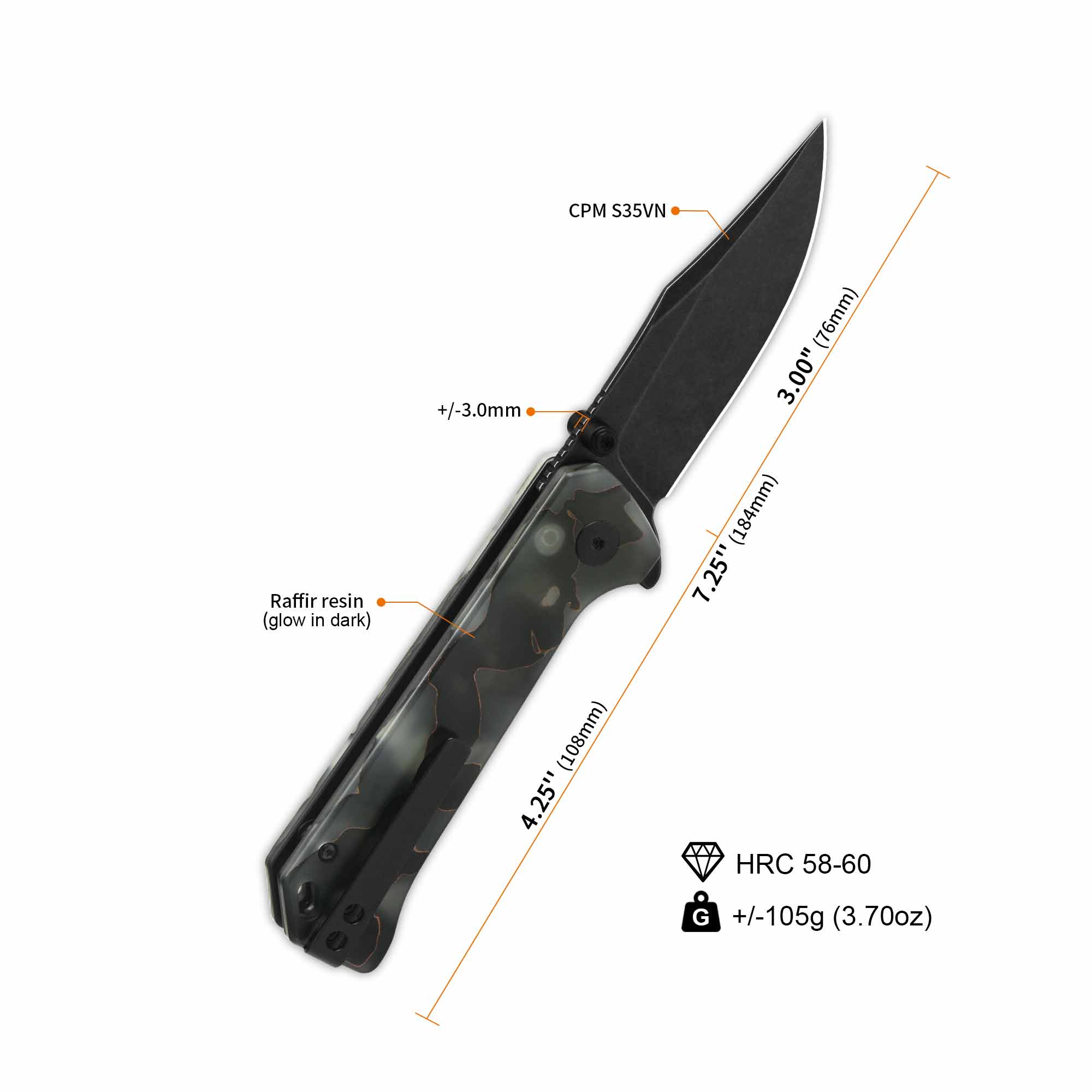 QSP Grebe Button Lock Pocket Knife - S35VN Steel Blade with Raffir Resin Glow in Dark Handle - EDC, Camping, Hiking & Outdoor Survival Tool