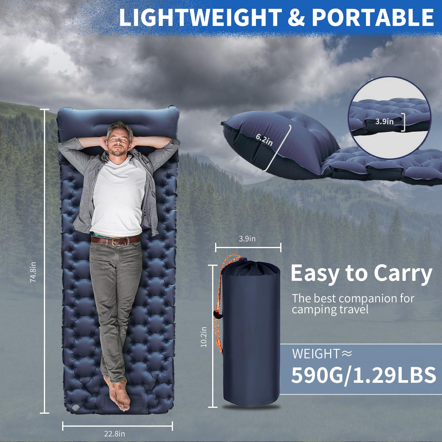 Ultra-Light Inflatable Camping Sleeping Pad with Built-in Foot Pump & Pillow - Perfect for Backpacking, Hiking, Travel - Navy Blue - Ideal for Outdoor Adventures, Camping Trips & Backpacking Sleep Comfort