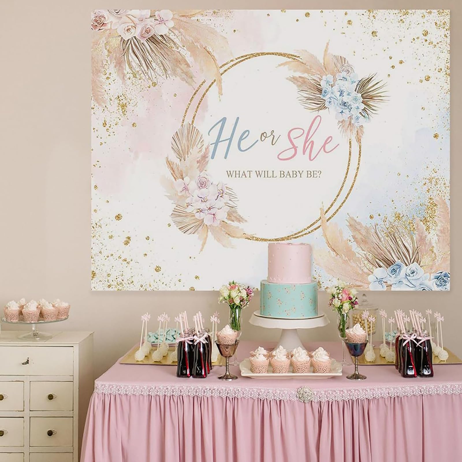 7x5ft Mocsicka Boho Gender Reveal Backdrop - Blue & Pink Vinyl Party Decor for Baby Shower, Gender Reveal Party, Nursery Decor - Boy or Girl Celebration Background