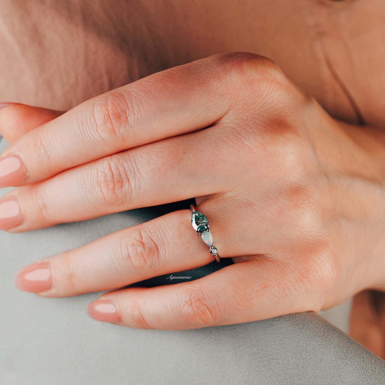 Natural Green Moss Agate & Fire Opal Ring - 14K Rose Gold Vermeil Jewelry for Women | Elegant Statement Ring for Wedding, Party & Everyday Wear