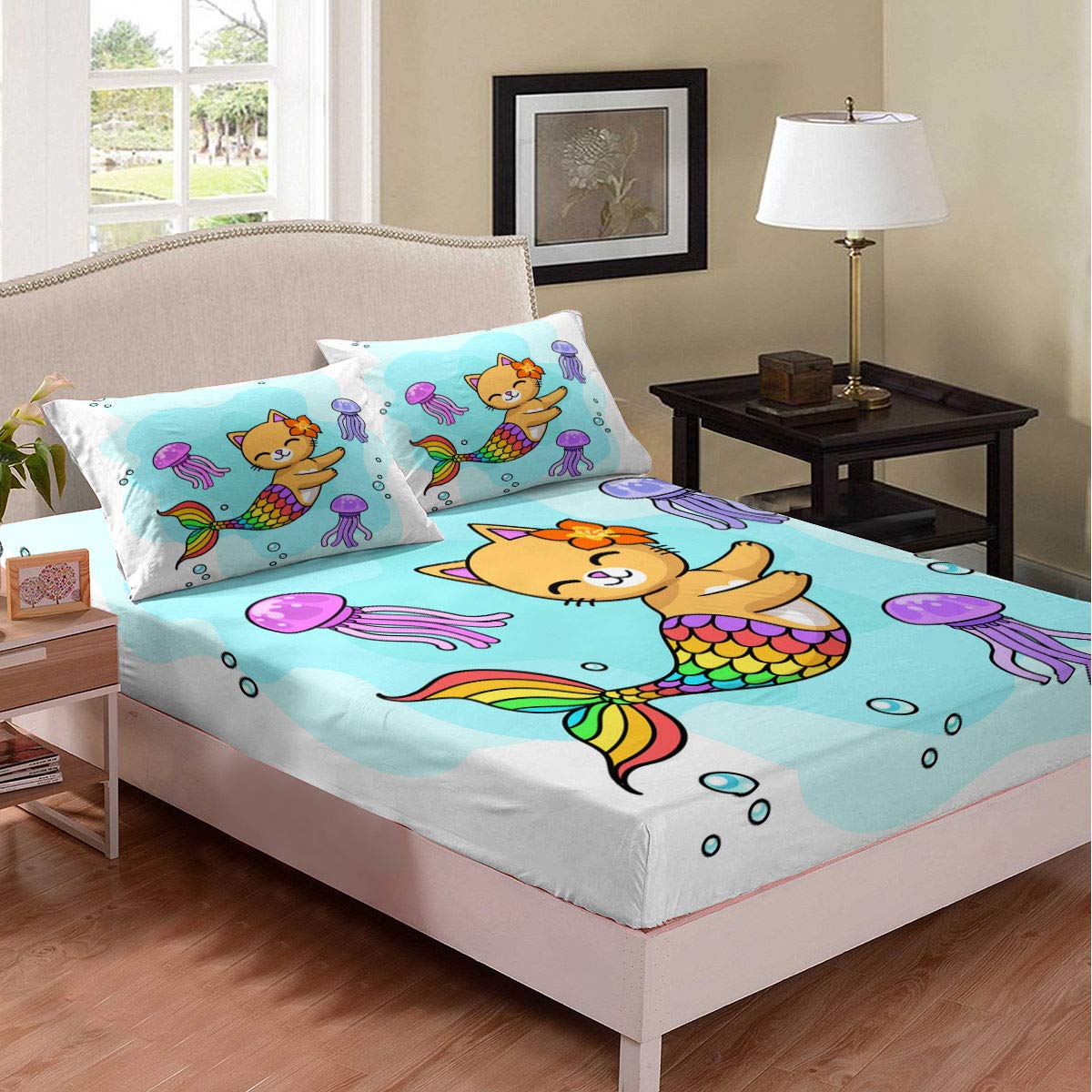 Happy Mermaid Cat Deep Pocket Fitted Sheet Set - Queen Size Purple Jellyfish Kids Duvet Cover with Cartoon Marine Life Design - 3 Piece Bedding Set (1 Fitted Sheet + 2 Pillowcases) for Kids' Room, Ocean Theme Bedroom Decor, and Underwater Adventure Sleepovers