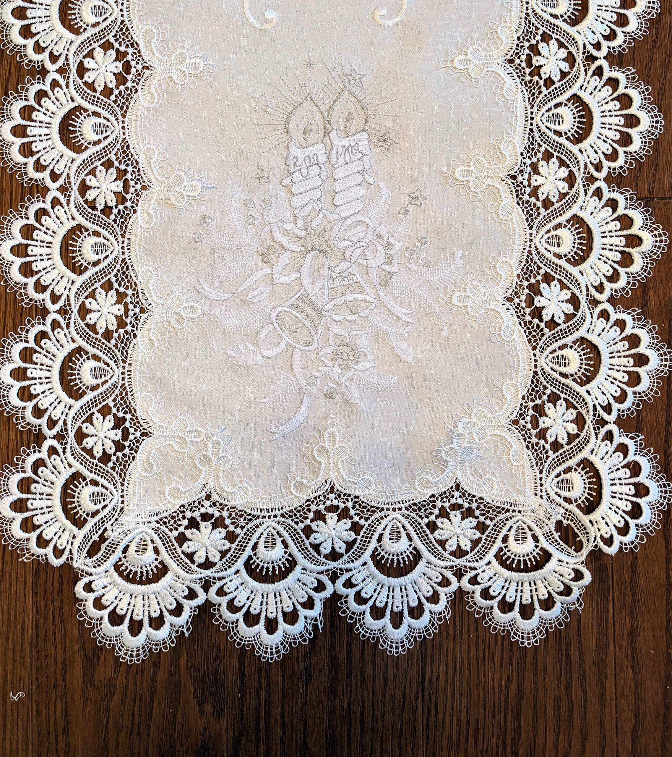 Elegant Christmas Table Runner with White Candles & Lace - 35