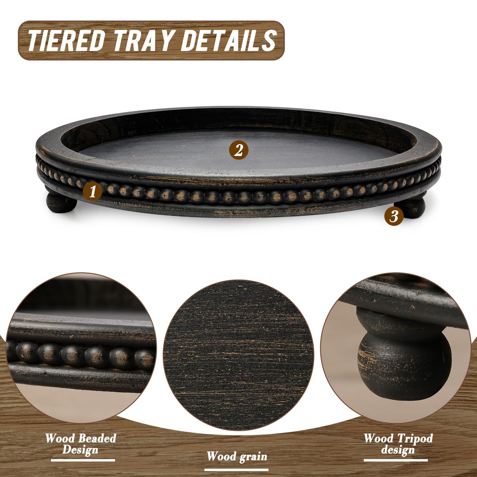 KULEDM Black Round Wooden Tray with Beaded Design - Decorative Coffee Table Tray for Living Room, Dining Table & Entryway | Perfect for Serving Drinks, Displaying Decor & Organizing Essentials