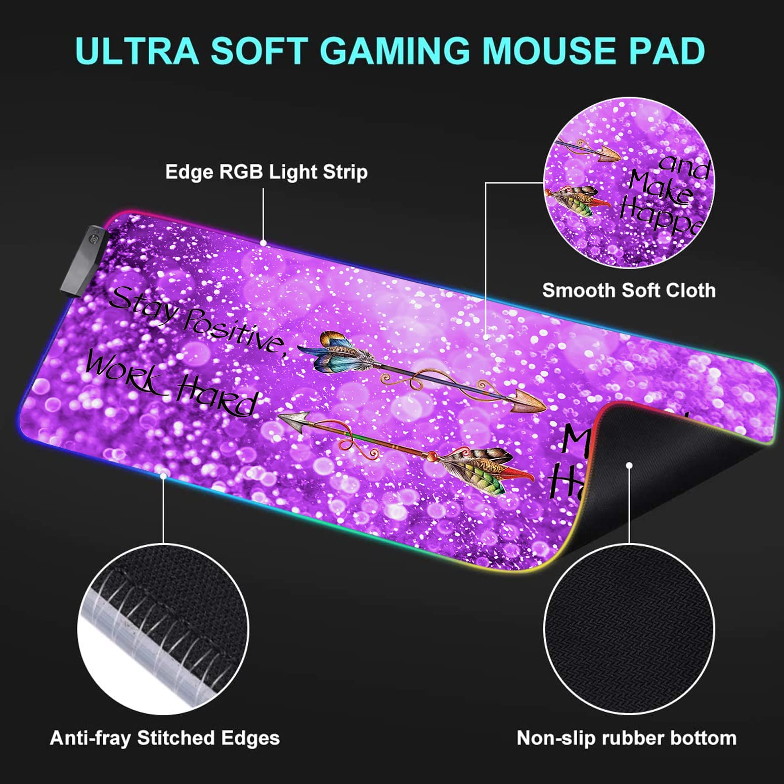 RGB Gaming Mouse Pad - Large LED Light-Up Desk Mat with Non-Slip Base, Purple Motivational Design for PC Gamers & Office Workers | Perfect for Esports, Streaming & Home Office Setup