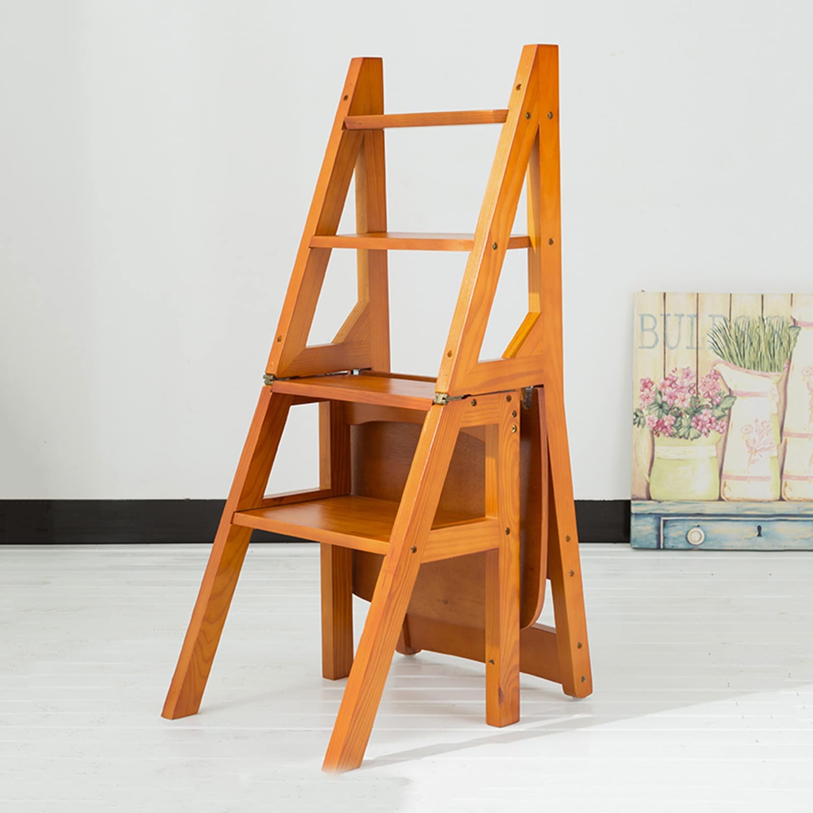 Portable 4-Step Folding Wooden Stool - Lightweight Kitchen Ladder, Bathroom Step Stool, Office Footrest, Indoor Stepladder for Reaching High Shelves, Shoe Bench & Plant Stand