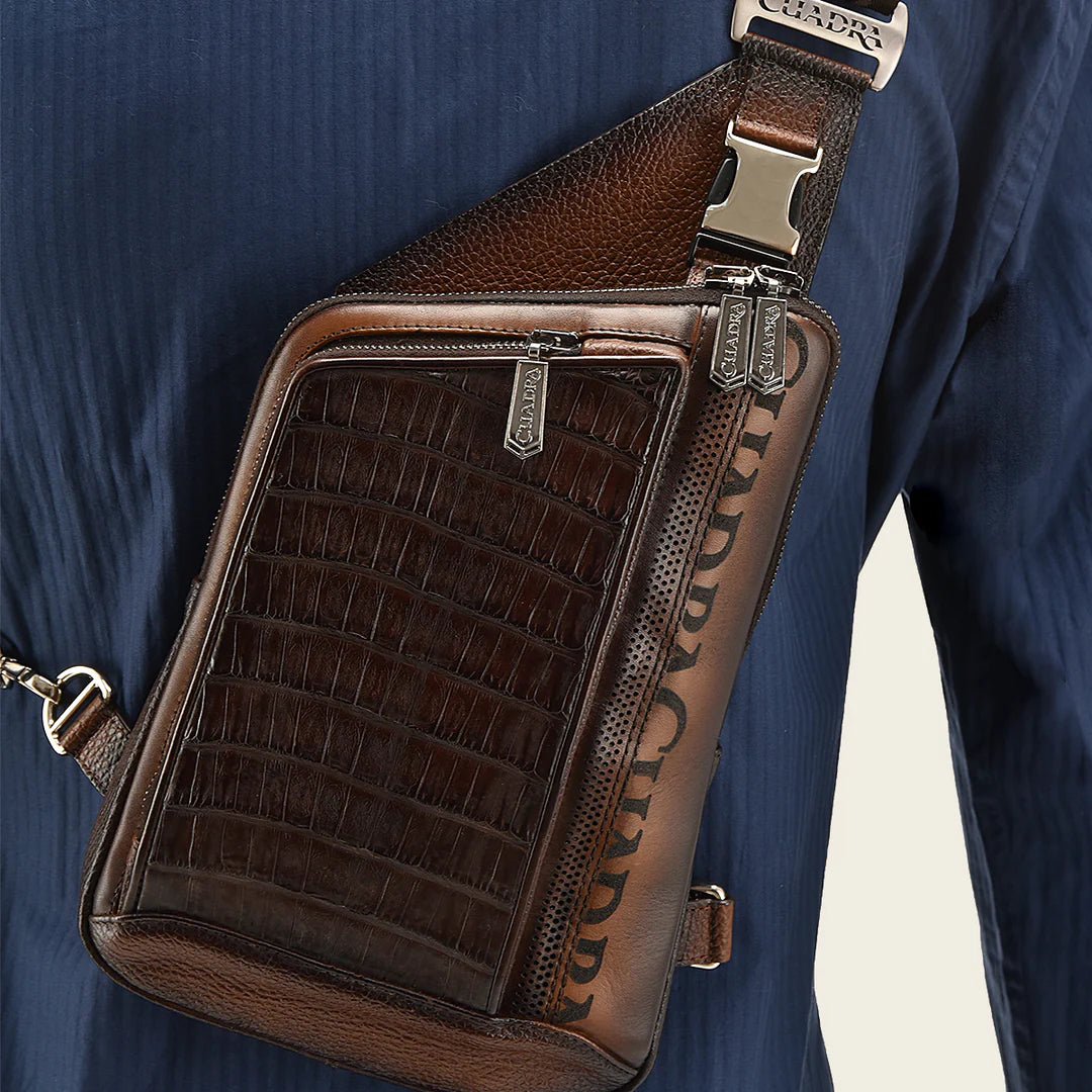 BOC22FC Genuine Leather Crossbody Messenger Bag - Stylish Brown Caiman Print, Casual Fashion for Men & Women | Perfect for Work, Travel & Everyday Use