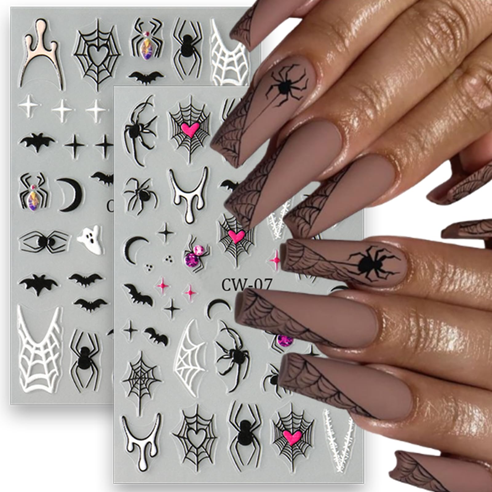 8 Sheets Halloween Nail Art Stickers - Self-Adhesive Gothic Nail Decals with Cute Ghost, Heart & Spider Web Designs - Nail Supplies for Women & Girls - Perfect for Manicure, Acrylic Nails & Halloween Party Nail Decorations