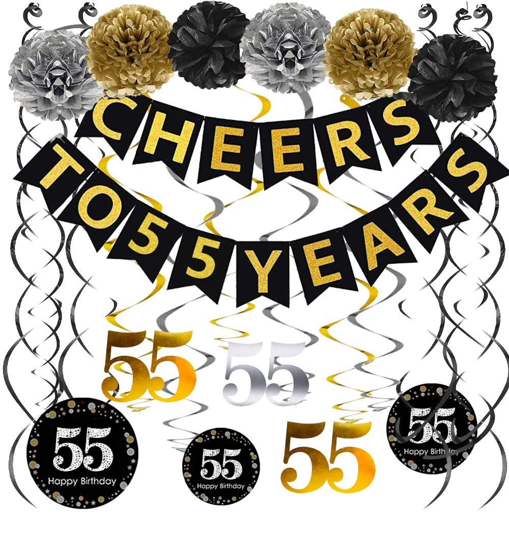 Famoby 55th Birthday Party Decorations Set - Gold Glitter Banner, Pom Poms & 12PCS Hanging Swirls for 55th Anniversary Celebration | Perfect for Milestone Birthday Parties, Retirement Celebrations & Golden Jubilee Events