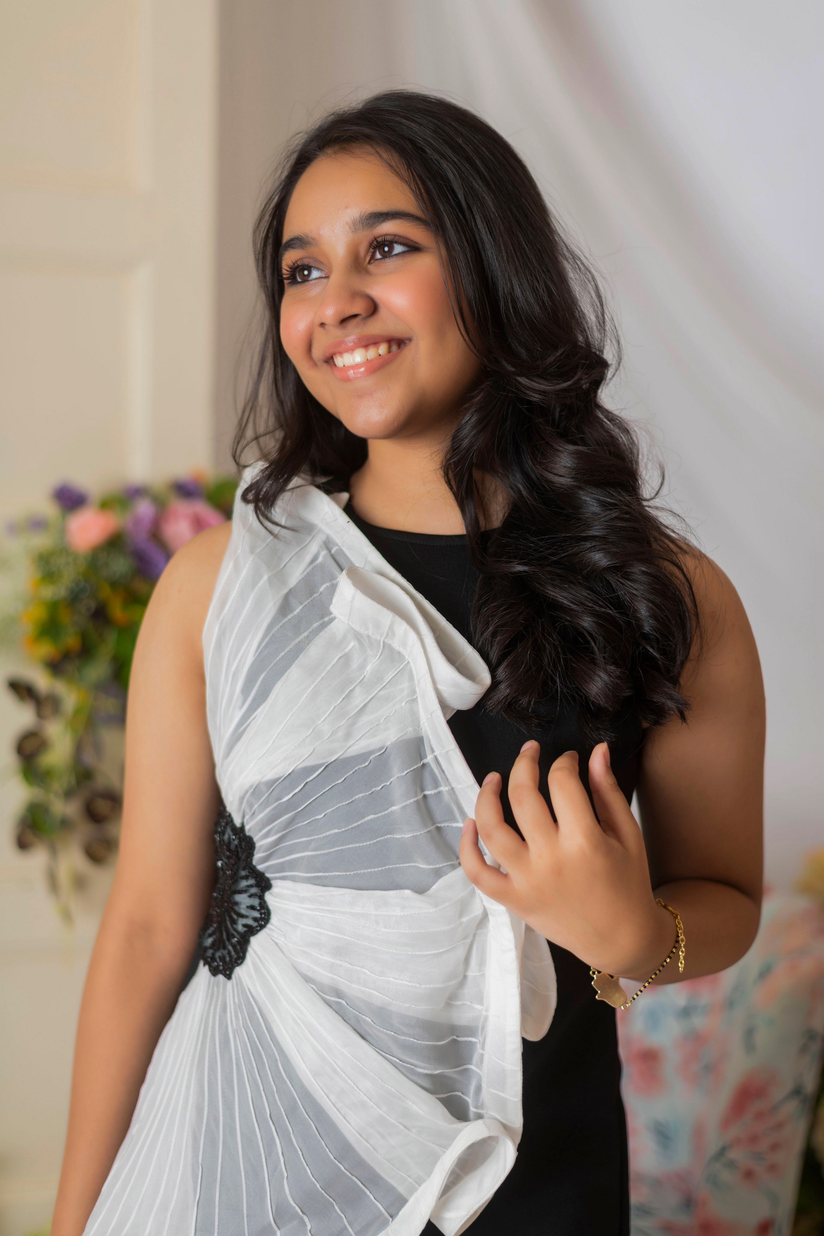 Pre Order: Elegant Black and White Straight Dress with Exquisite Placement Embroidery - Perfect for Cocktail Parties, Weddings & Formal Events
