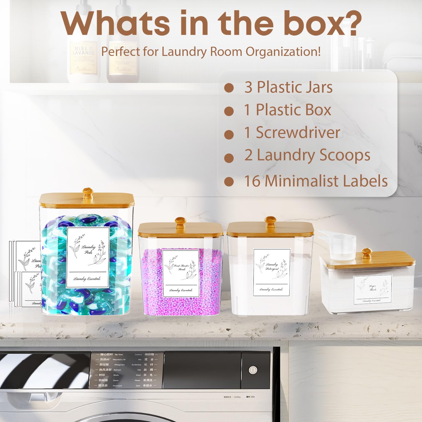 4 Pack Clear Plastic Laundry Pods Container & Dryer Sheet Holder - Square Laundry Room Storage Jars with Lids, Scoops & Labels for Detergent, Powder, Dryer Balls & Beads - Perfect for Organized Laundry Room, Closet & Utility Room Storage