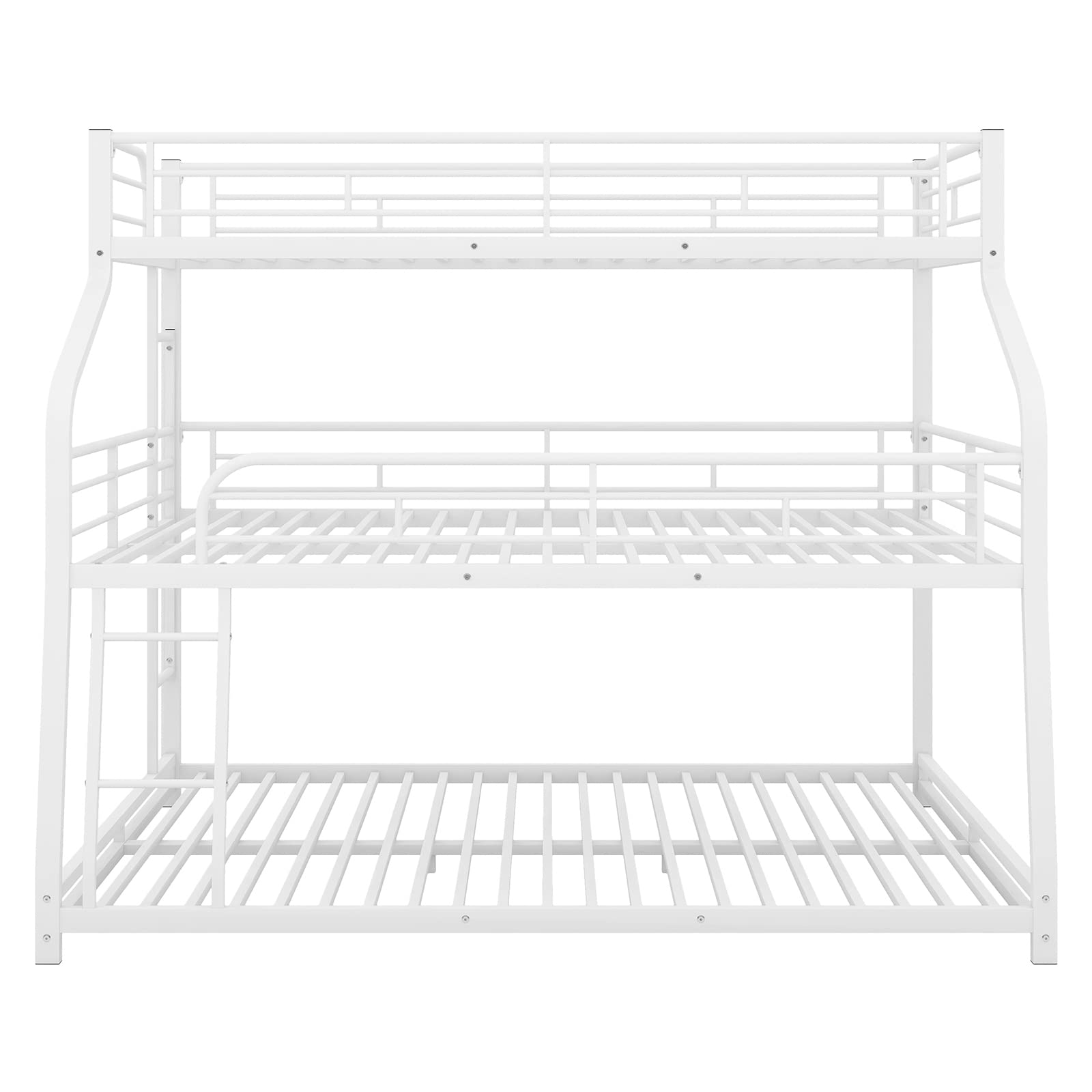 Hommoo Twin Over Full Over Queen Triple Bunk Bed with 2 Ladders - Sturdy Metal Steel Frame - Space Saving 3 Tier Bunk Bed for Kids & Adults - White - Perfect for Dormitories, Hostels & Small Bedrooms