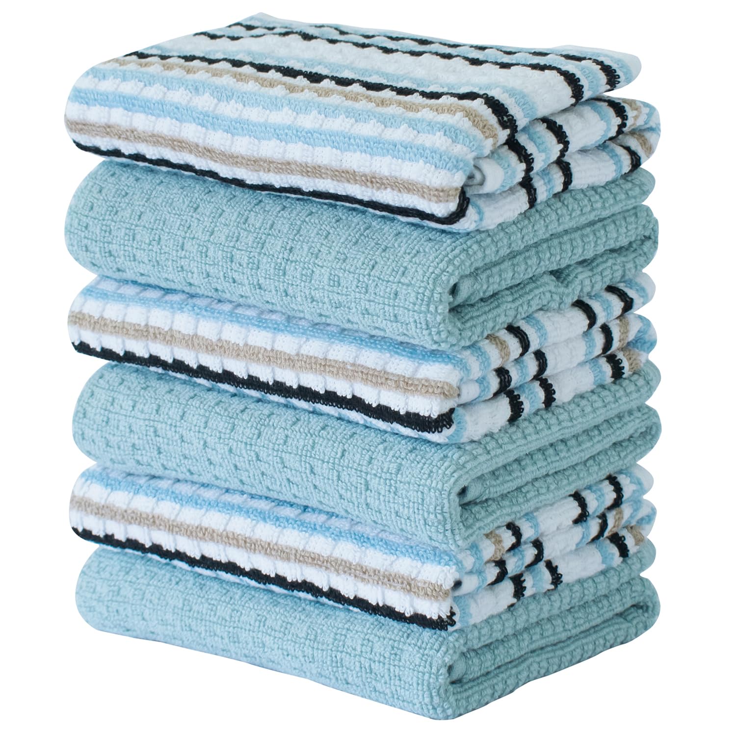 Premium 6-Pack CRAFTSWORTH 100% Ring Spun Cotton Kitchen Towels - 15x26 Inches, 400 GSM, Super Soft & Absorbent Dish Towels in Aqua Solid & Stripe Patterns - Perfect for Drying Dishes, Cleaning Countertops, and Bar Use