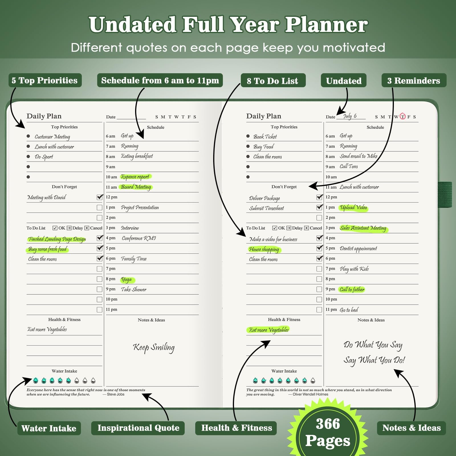 Undated Daily Planner with To Do List & Calendar - 365 Days Productivity Planner for ADHD Adults, Women & Men - 8.3