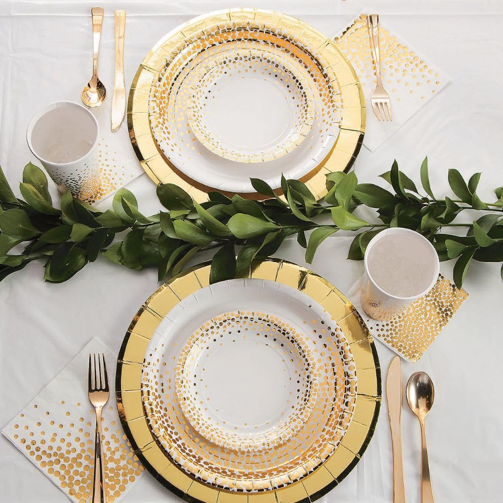 Fun Express 16oz White & Gold Foil Dot Cups - 24pc Wedding Party Supplies, Elegant Printed Tableware for Bridal Showers, Baby Showers & Special Events