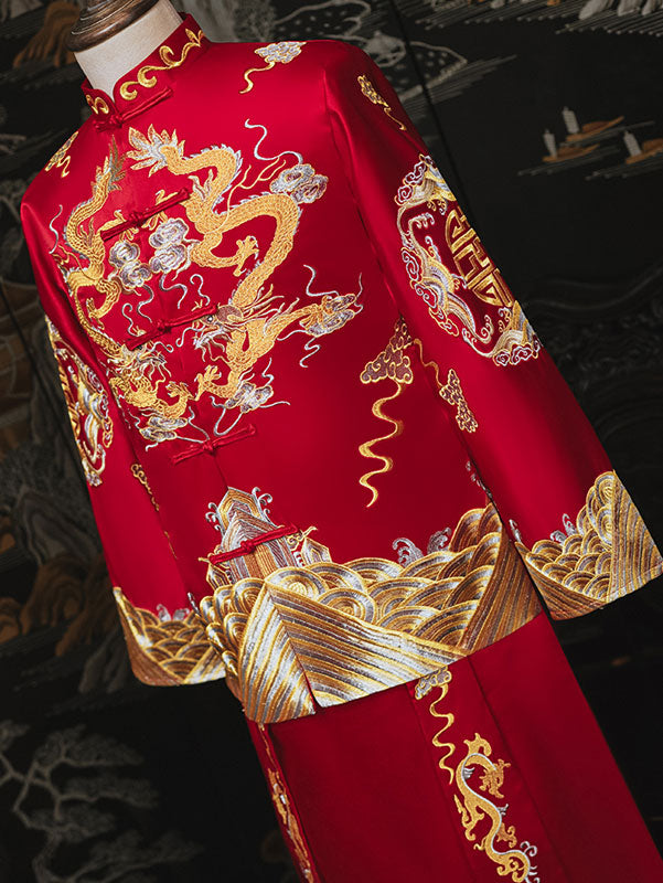 Embroidered Dragon Men's Traditional Chinese Wedding QunKwa Jacket & Skirt Set - Perfect for Asian Ceremonies, Cultural Events, and Photoshoots