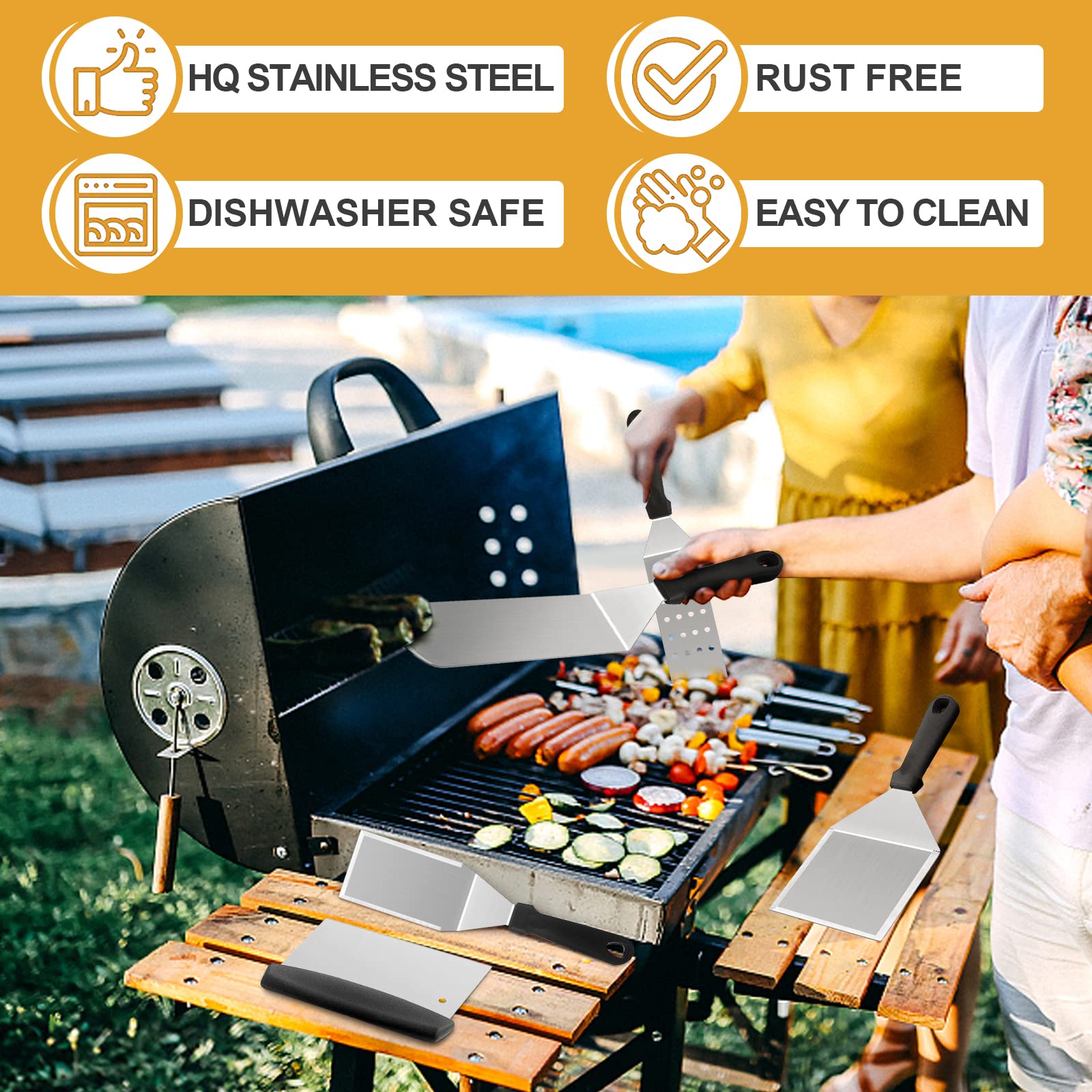 HaSteeL 5-Piece Heavy Duty Stainless Steel Griddle Accessories Kit - Professional Flat Top Grill Tools Set with Spatula, Pancake Flipper, Burger Turner & Scraper for BBQ, Cast Iron Cooking & Outdoor Grilling - Perfect for Backyard Parties, Camping & Restaurant Use