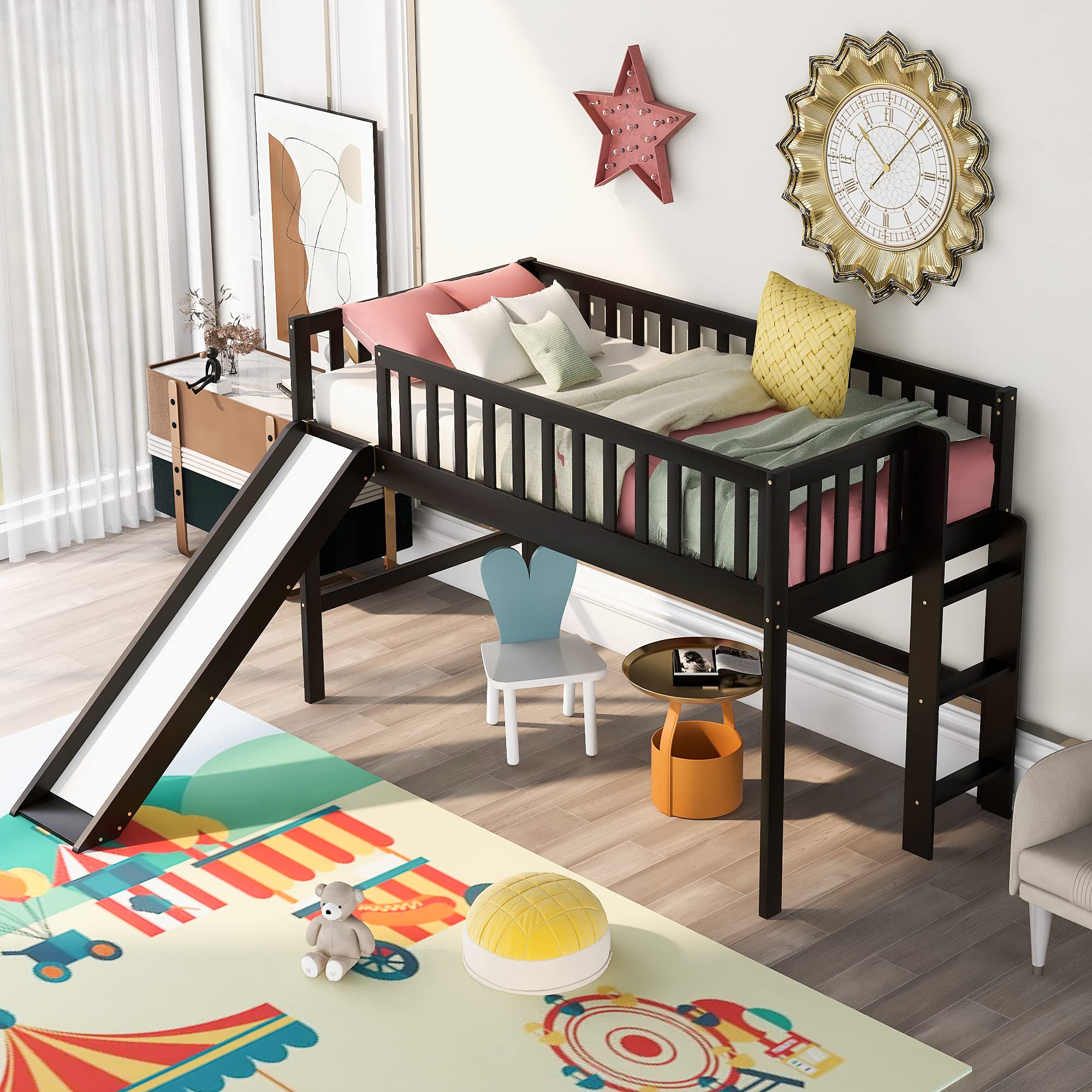 Twin Size Low Loft Bed with Ladder and Slide - Solid Wood Loft Bed Frame for Kids, Teens & Toddlers - Low Profile Mini Loft Bed with Safety Rails (Espresso & Pine Wood) - Perfect for Small Bedrooms, Playrooms & Dorm Rooms