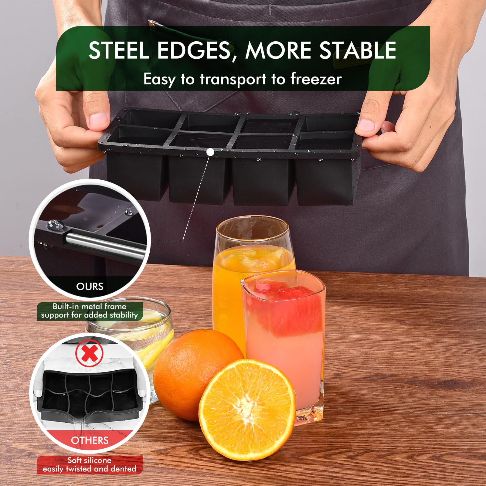 Silicone Ice Cube Tray with Lid - Large Square Ice Molds for Whiskey, Cocktails, Coffee & Juice - Easy Release, Stackable & Space Saving - Perfect for Home Bars, Parties & Office Use (8 Square Cubes)