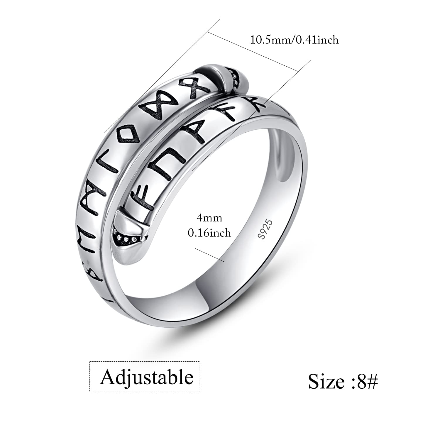 KINGWHYTE Adjustable 925 Sterling Silver Viking Ring with Nordic Runes & Vegvisir Compass - Norse Pagan Jewelry for Men & Women - Perfect for LARP, Cosplay, and Viking Enthusiasts