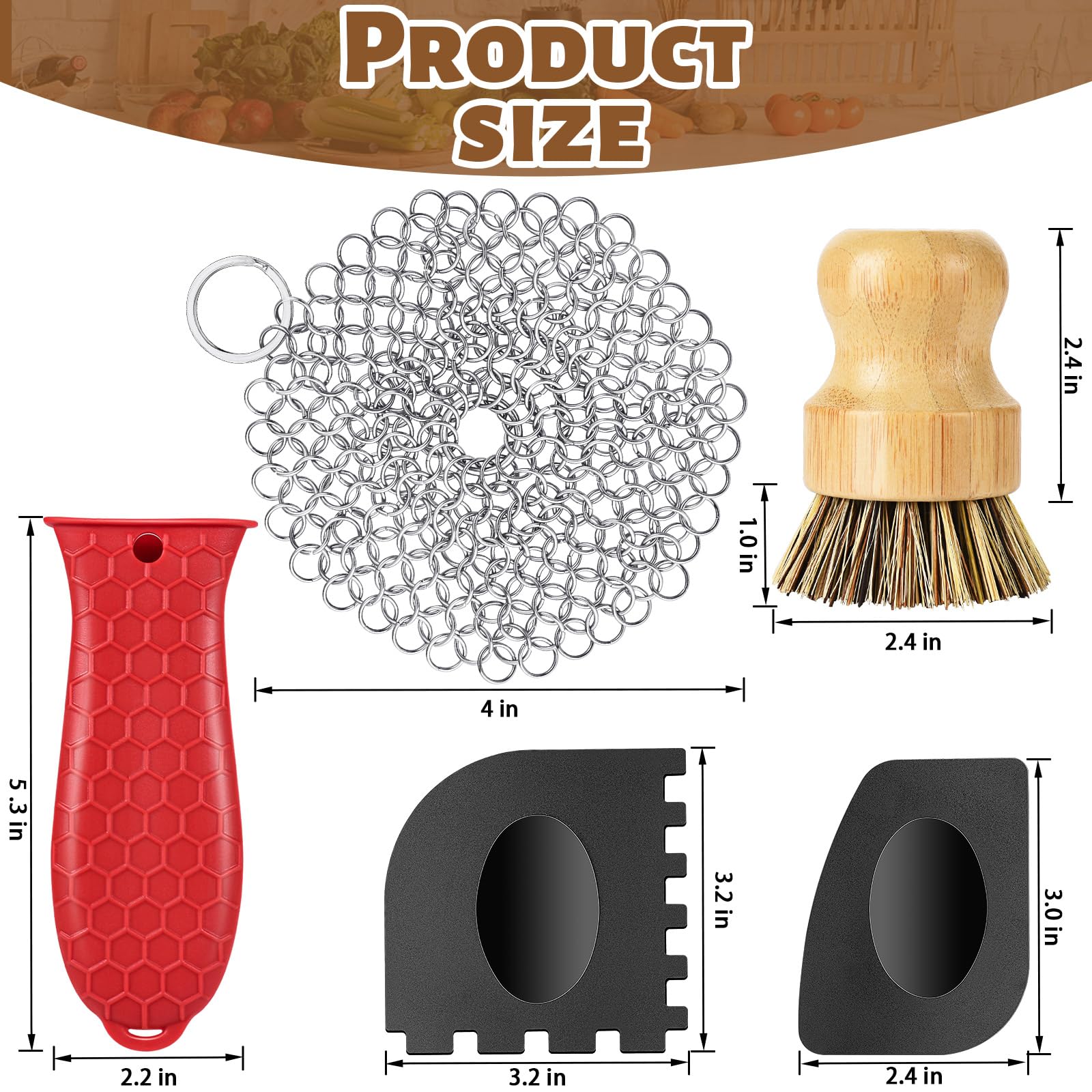 Cast Iron Cleaning Kit - Non-Slip Silicone Pot Handle Holder, 2 Grill Scrapers, Bamboo Handle Brush & 316 Stainless Steel Chainmail Scrubber for Cast Iron Cookware - Perfect for Camping, Outdoor Cooking & Kitchen Maintenance