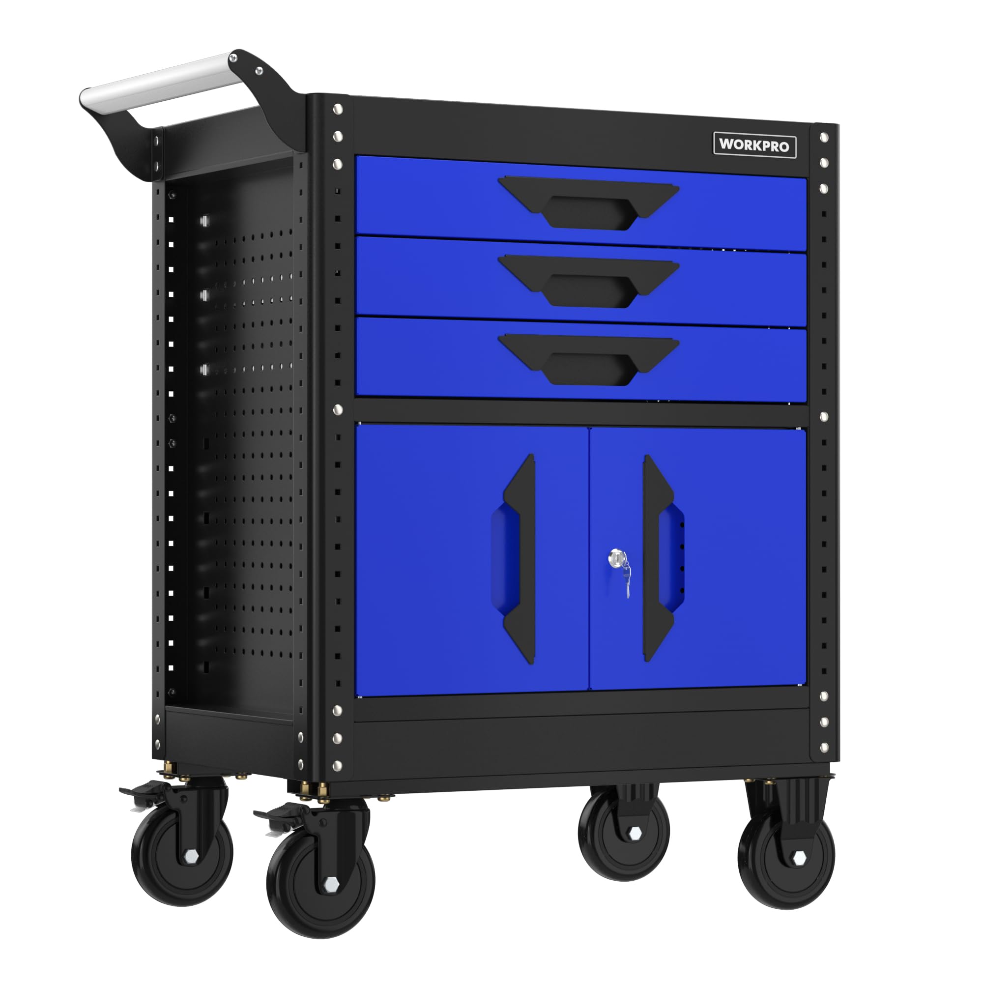 WORKPRO 27.5 Inch 3-Drawer Rolling Tool Chest with Wheels - Heavy Duty Steel Tool Cabinet with Drawers, Liners & Locking System - Portable Tool Storage for Garage, Workshop, Warehouse & Home Use (Black & Blue)