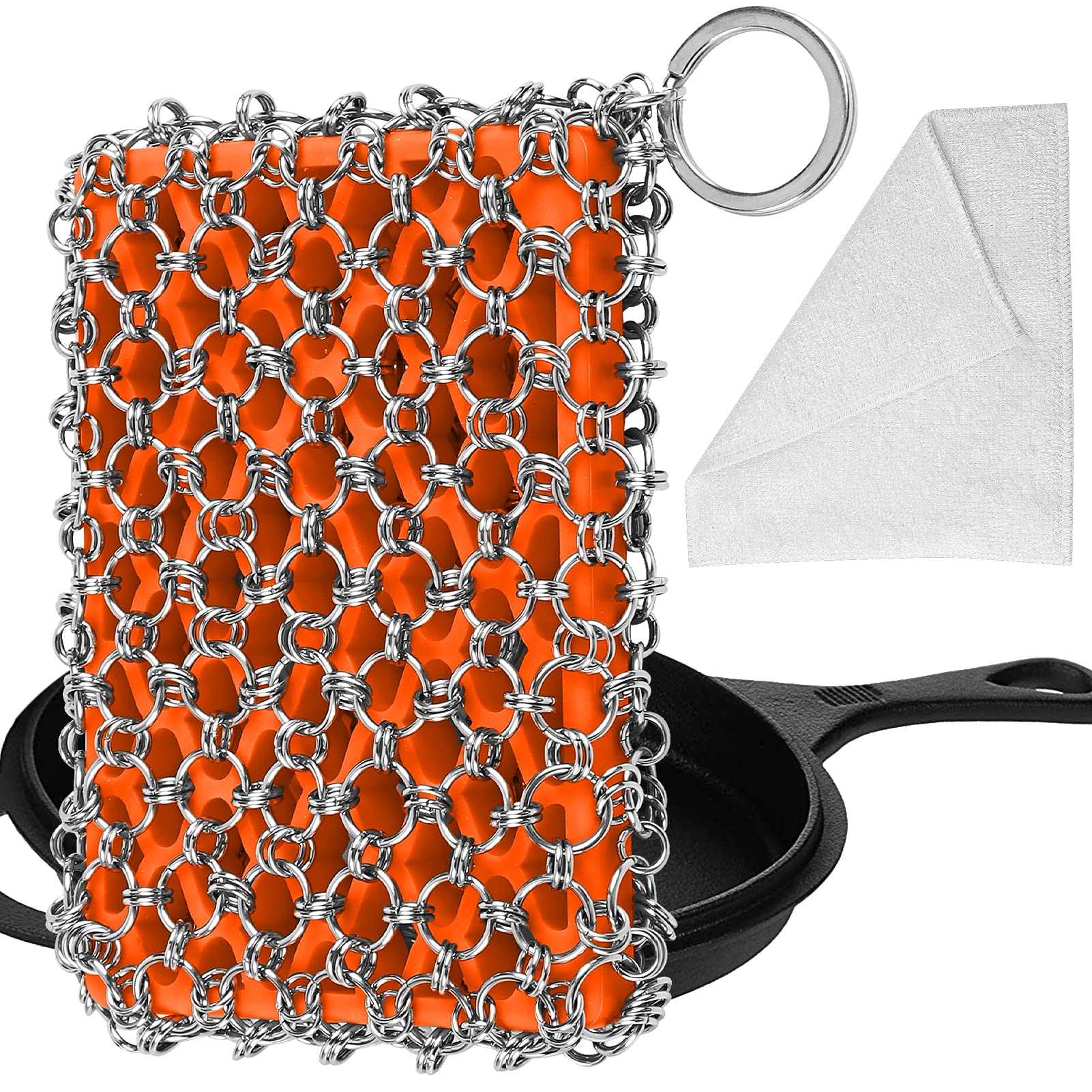 Premium 316L Stainless Steel Chainmail Scrubber for Cast Iron Pans - Flexible & Durable Cast Iron Cleaner for Skillets, Pots, Griddles - Rust-Free Scouring Pad for Kitchen Cookware (Great for Camping & Outdoor Cooking)