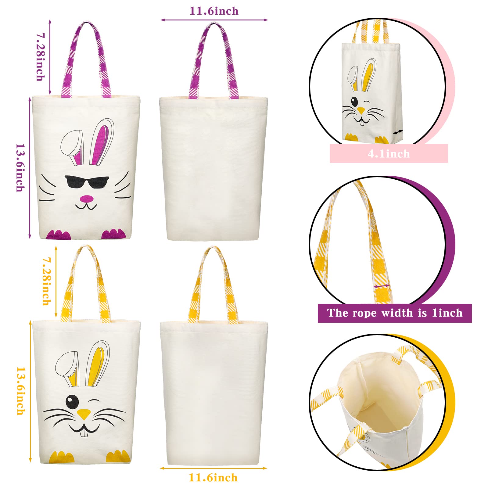WeeWooday 2-Pack Easter Tote Bags for Kids - Bunny Ears Canvas Easter Basket Bags for Boys & Girls - Perfect for Easter Egg Hunts, Church Events & Spring Celebrations