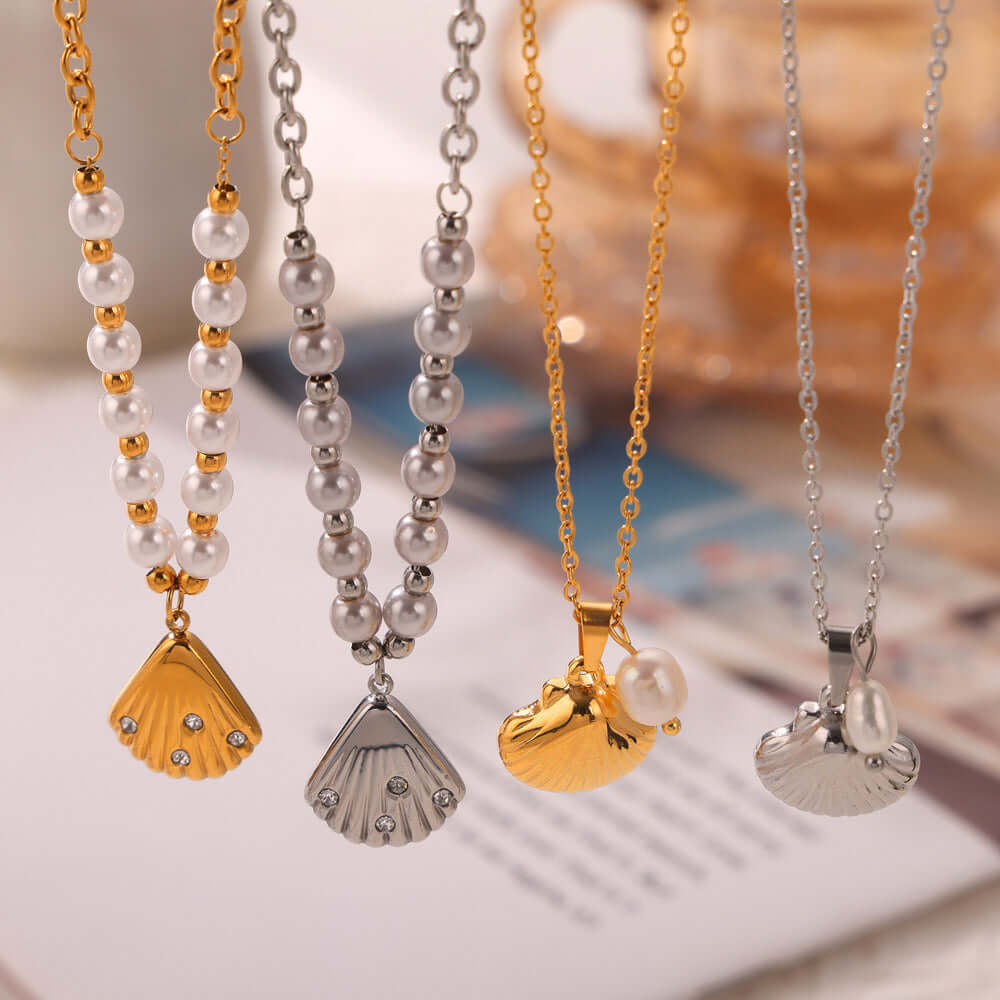 18K Gold Freshwater Pearl Seashell Pendant Earrings Set for Women - Elegant Dangle Drop Earrings for Wedding, Party & Evening Wear | MDT010