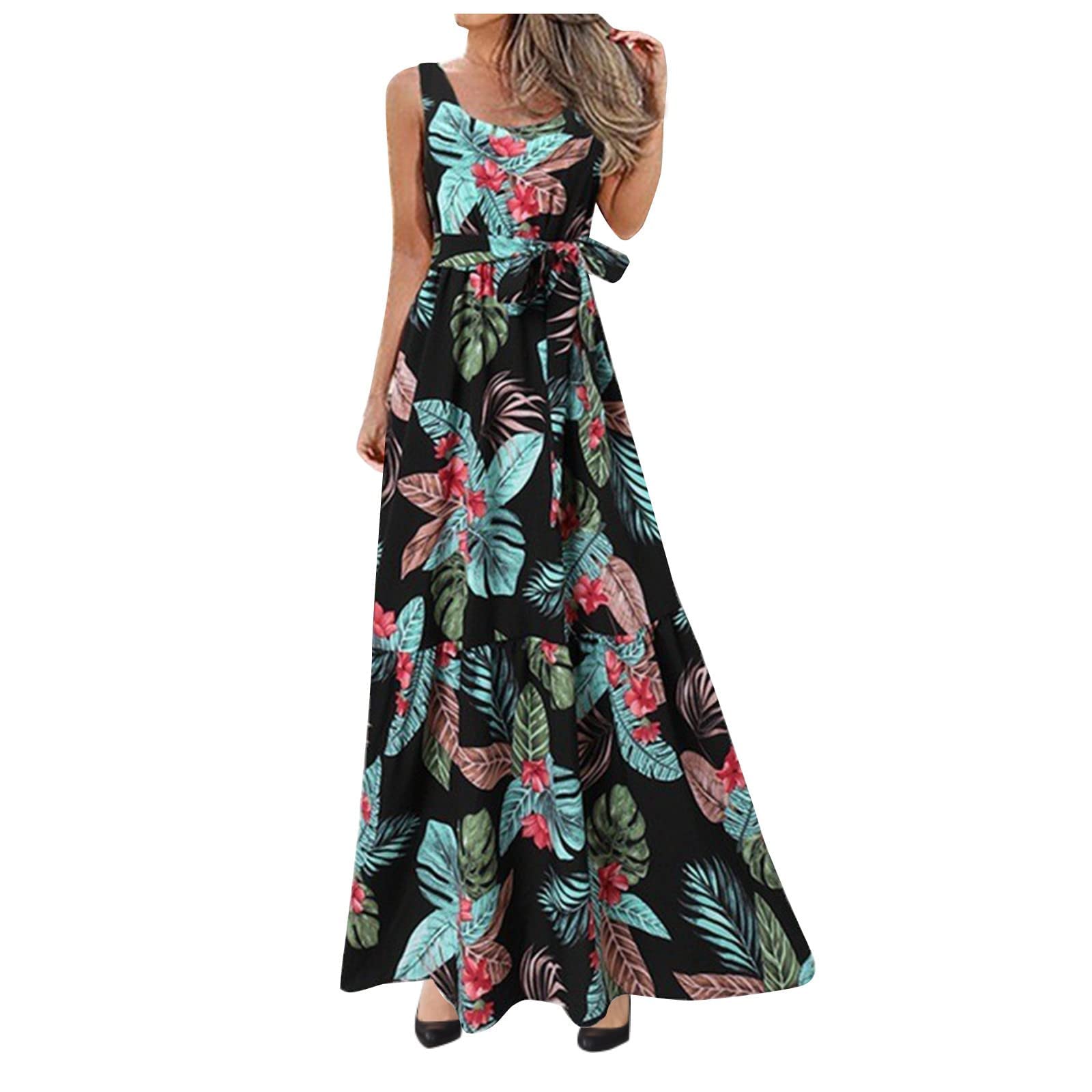 BmkBWO Women's Sexy Strappy Summer Dress - Tropical Print Casual Long Dress with Tie Waist for Beach, Vacation & Wedding Guest Outfits | Flowy Maxi Dress for Women