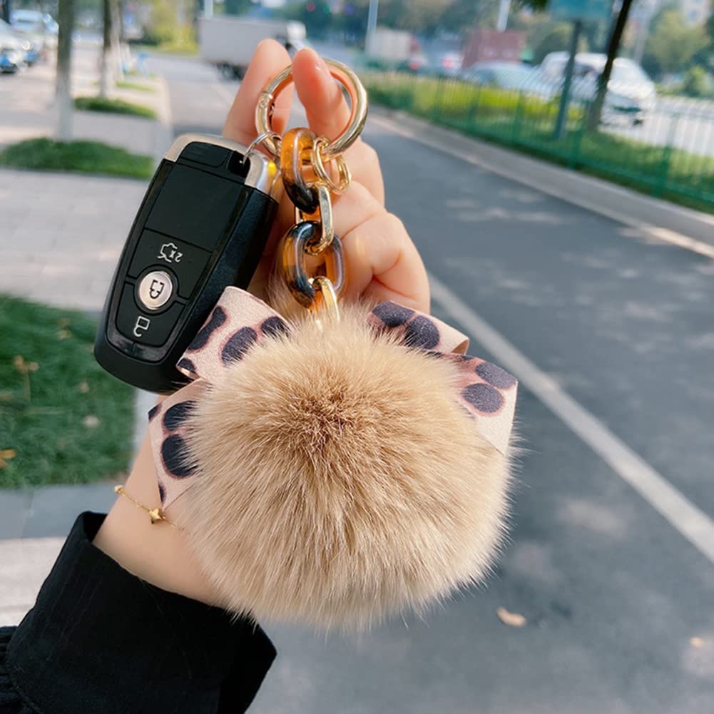 Zcargel Plush Keychain - Fluffy Faux Fur Pompom Keyring with Leopard Print & Bow Design - Cute Animal Keychain Charm for Women, Girls, Teens - Perfect for Backpacks, Purses, Gift Giving & Everyday Carry