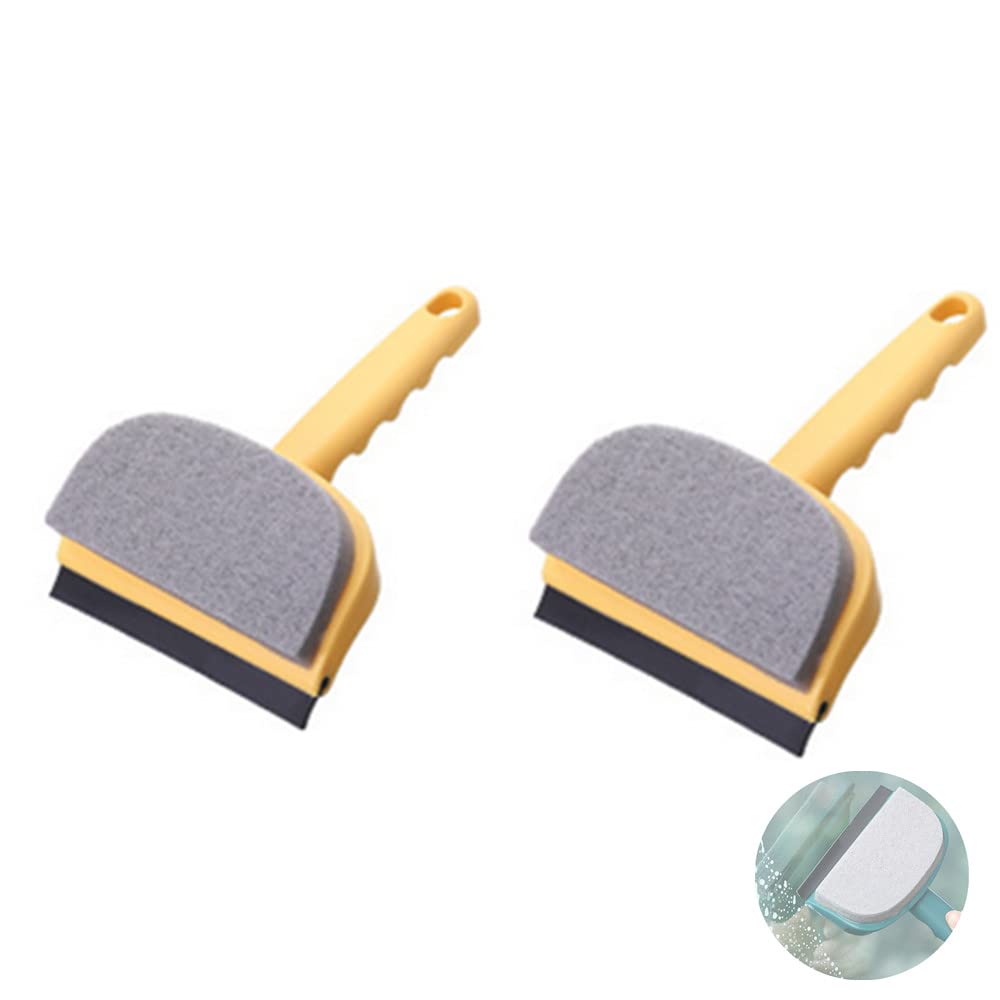 2-Pack Bathroom Wall Cleaning Sponge Brush - Double Sided Window Scrubber with Handle for Mirrors, Tiles, and Glass - Portable Window Cleaning Tool (Yellow) - Perfect for Bathroom, Kitchen, and Car Windows