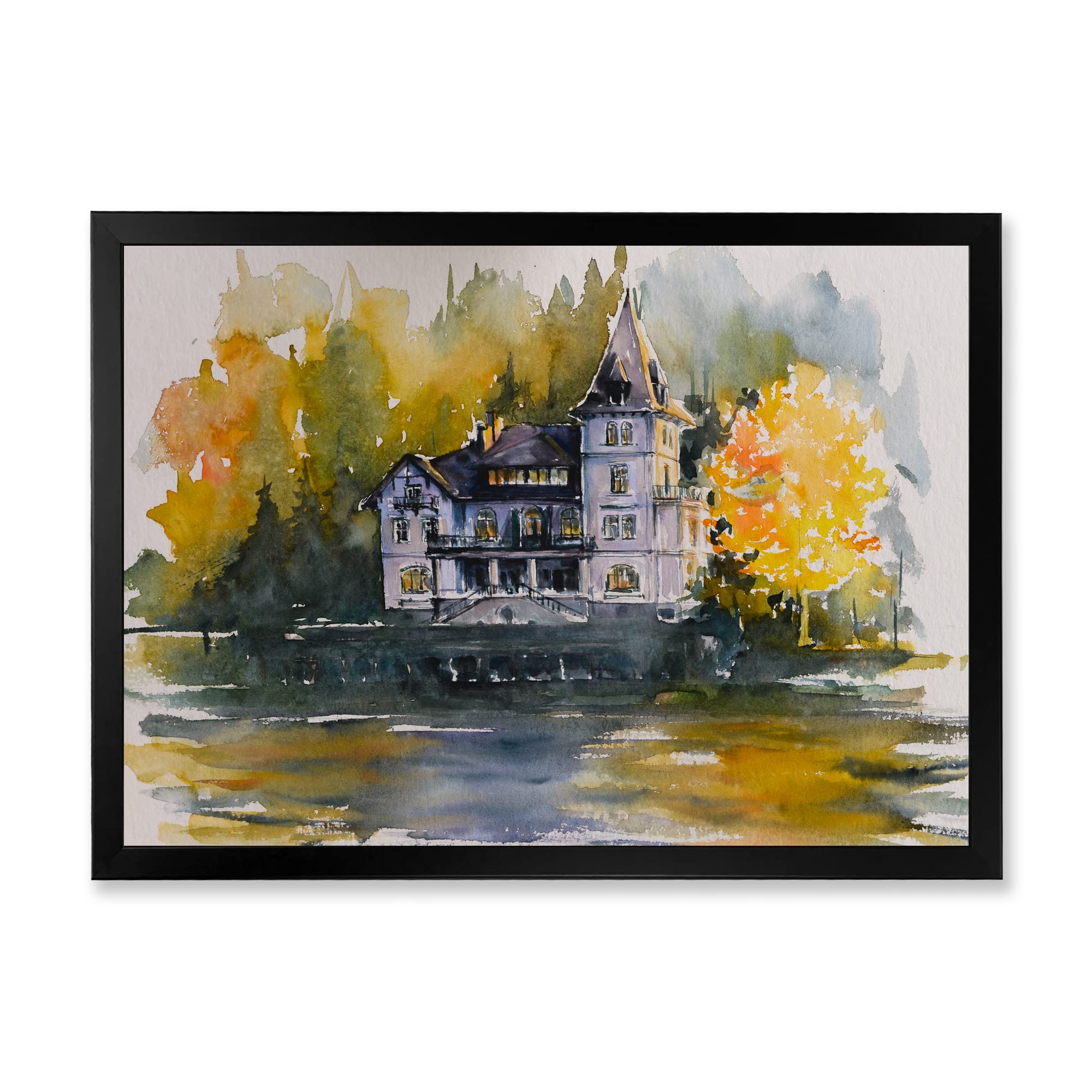 Castle by the Lake with Autumn Trees - Lake House Framed Wall Art Painting for Living Room, Bedroom & Office Decor | Scenic Landscape Home Decoration